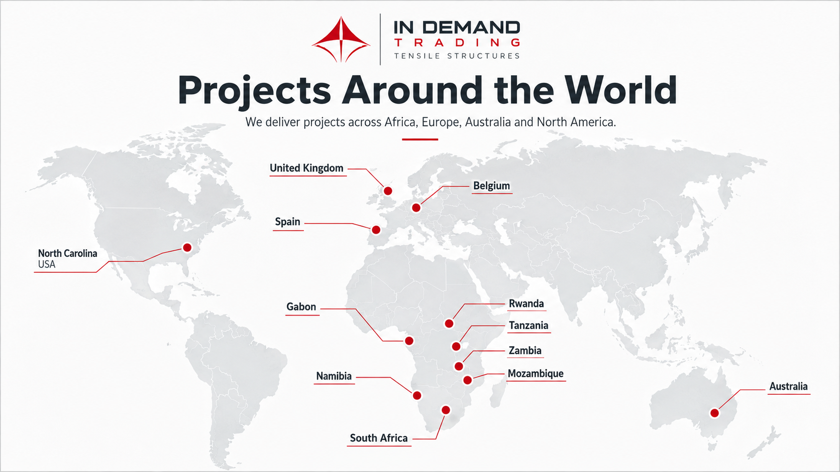 World map showing In Demand Trading project locations across South Africa, Zambia, Mozambique, Gabon, Rwanda, Namibia, Tanzania, the United Kingdom, North Carolina in the USA, Australia, Belgium and Spain